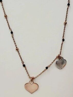 Sterling Silver 925 Italy Satellite Beaded Chain Necklace Rose Tone Double Heart